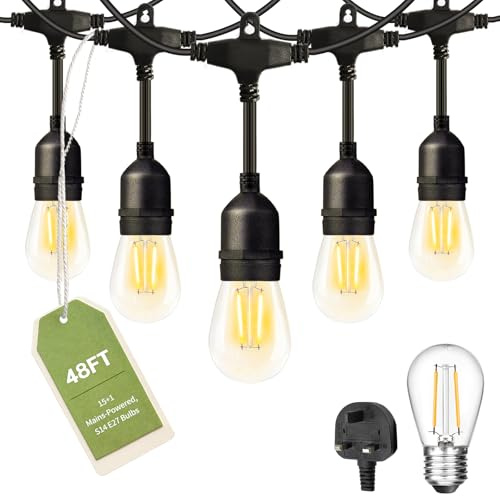 ROMANJOY 48FT Outdoor LED String Lights Mains Powered, Linkable Festoon Lights with 15+1 Shatterproof 2W S14 E27 Bulbs Warm 2700K, for Outside Garden/Patio/Backyard/Cafe/Bistro/Wedding