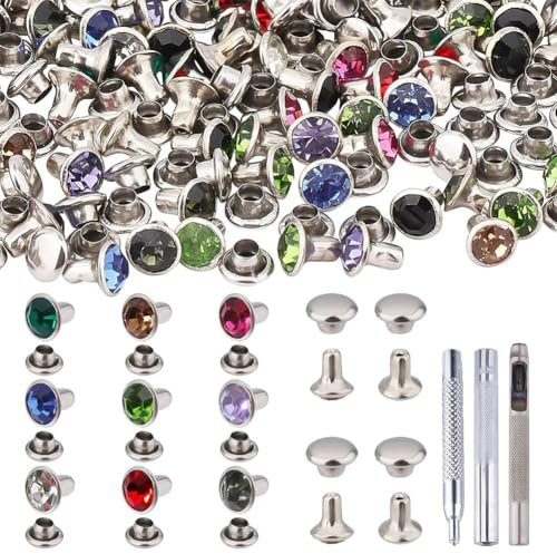 nbeads 200 Sets Strass Nieten, 10 Farben Messing Kristall Nieten Nieten Knöpfe mit Stücken Einstellwerkzeug Kit Bunte Nieten für Leder Basteln DIY Reparaturen Dekoration