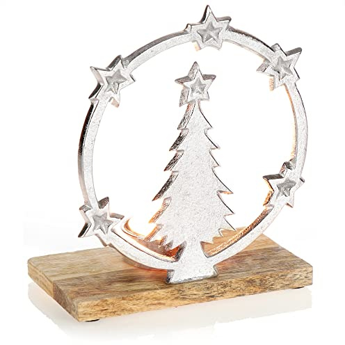 COM-FOUR® Portavelas con Motivo de árbol de Navidad - Portavelas navideño con Base de Madera - Portavelas navideño Decorativo - Decoración navideña (Abeto con Base)