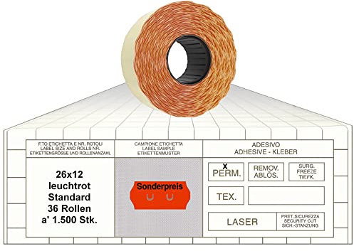 Preisauszeichner Etiketten Sonderpreis 26x12 Standard leuchtrot 36 Rollen permanent Preisetiketten für Sato 26 Samark 26