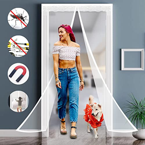 Fliegengitter Tür Magnet, Der Insektenschutz Fliegenvorhang Magnetisch Türe Für Die Balkontür, Kellertür und Terrassentür, Kinderleichte Klebemontage Ohne Bohren, Nicht Kürzbar (80 x 210cm, Weiß)