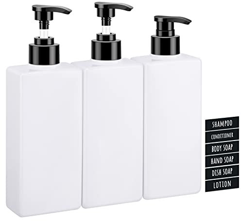 Segbeauty Seifenspender Weiß, 3 Stück 400 ml Shampoo Flaschen zum Befüllen, Seifenspender Kunststoff, Shampoo Spender für Dusche Nachfüllbar, Soap Dispenser mit Etiketten für Küche Bad