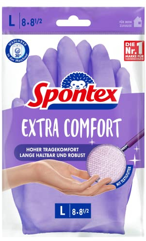 Spontex Extra Comfort, premium hushållshandskar med mjukt textilfoder, perfekt för alla städningsarbeten i hushållet, kan tvättas i 30 °C, storlek L (8–8,5), 1 par, lila