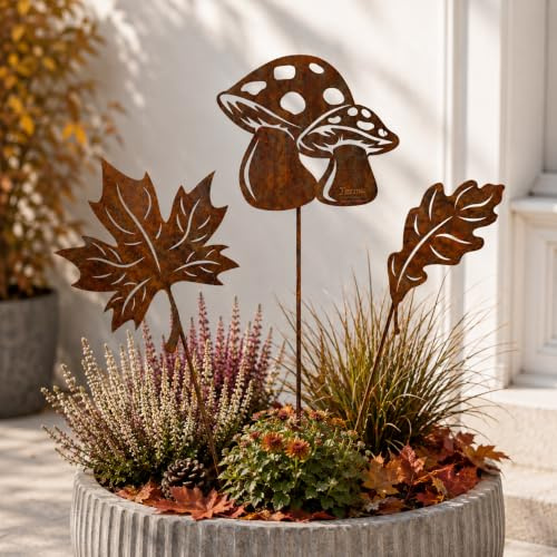Terma Stahldesign Rostfigur Gartenstecker Set Herbst Zwei Blätter EIN Pilz mit Spieß 40-45cm tolle gartendeko aus Rost-Metall, deko rostoptik, Rostfiguren Tiere,