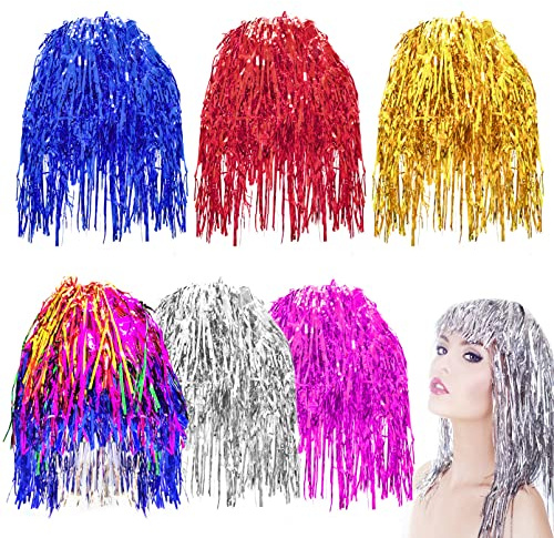 BLLREMIPSUR 6 delar folie glitter peruker, foliesträngar folie glitter peruker kostym blank fest peruk kostym glansig cosplay peruk kvinnor peruk för kvinnor