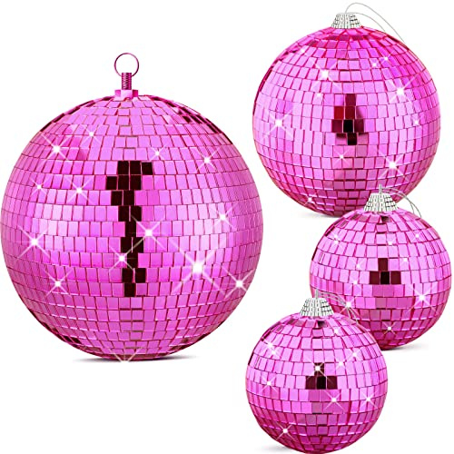 Nuenen 4 Pcs Large Pink Disco Ball Hot Pink Disco Night Accessories Party Decoration 70s Themed Mirror Hanging Balls Ornament for Wedding Birthday Room Home Dj Photo Props Backgdrop(8, 6, 4)