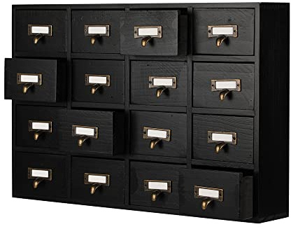 PACKGILO 16 Drawers Apothecary Cabinet with Drawers Tabletop Apothecary Chests and Cabinets Library Card Catalog Cabinet Herb Storage Box Wooden Desk Drawer Organizer Medicine Vintage Furniture(BLACK)