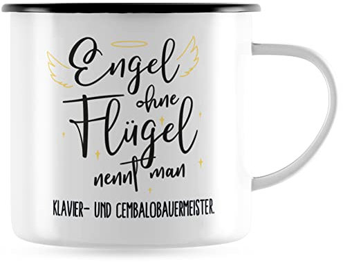 JUNIWORDS Emaille-Tasse, Engel ohne Flügel nennt man Klavier- und Cembalobauermeister, Schwarzer Tassenrand (5169896)