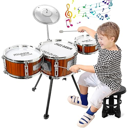 Kids Drum Set Music Toy Drum Set for Toddlers Ages 3-5 Jazz Drums Kit with Stool, 3 Drums Percussion Musical Instruments Toys for 3 4 5 Year Old Boys Girls Gifts