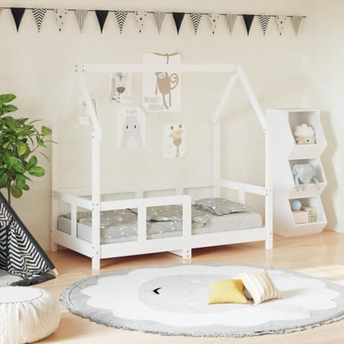 Festnight Kinderbett aus Holz 70x140 cm Hausbett für Jungen & Mädchen Kinder Bett Jugendbett mit Rausfallschutz Bodenbett Massivholz Holzbett Bettgestell mit Lattenroste Bettrahmen Weiß