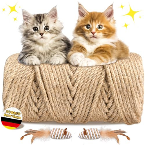 ZOBMIO Sisalseil für Kratzbaum mit Zwei Maus-Spielzeugen, 6mm X 60m Natur Juteschnur, Sisalseil Katzen-Kratzbaum Ersatz und Zubehör, Hanfseil für Verpackung, DIY Kunst-Handwerk, Floristik, Dekoration