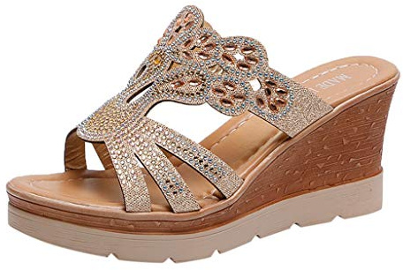 Pantoufles d'été à paillettes pour femme - Sandales compensées avec strass - Sandales romaines - Chaussures à talons hauts - Respirantes - En maille - Élégantes - Style bohème, or, 38 EU