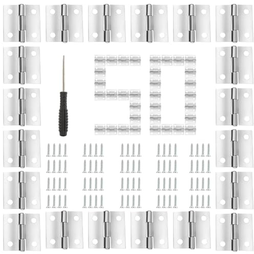50 Mini Silver Stainless Steel Folding Butt Hinges, 25mm, With 200 Screws, Small Hinges for Wooden Boxes, Closet, Drawer