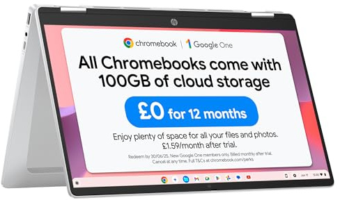 HP Chromebook x360 14, Intel N100 Processor, 4 GB RAM, 128 GB Flash Storage, Intel UHD Graphics, HD Touchscreen Display, Up to 12hrs battery, Chrome OS, Dual Speakers|, Glacier Silver, 14b-cd0002sa