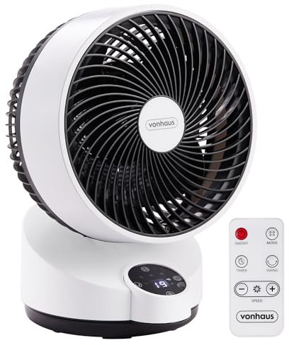 VonHaus Umluft Ventilator Leise – Tischventilator mit 3 Geschwindigkeitsstufen, 3 Modi, Fernbedienung, 12-h-Timer, 60°-Schwenkfunktion, LED-Display, 3 Blättern – für Zuhause oder Büro