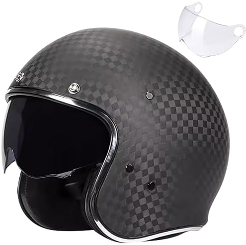 Retro 3/4-Motorradhelm Carbon Jet-Helm Chopper Motorrad-Helm ECE-Zulassung Vintage Open Face Motorradhelm für Scooter Moped ATV Street Bike 12K-A,L=59-60CM