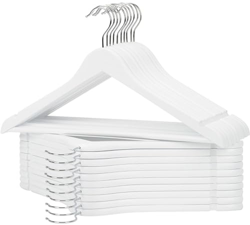 KROWN - Perchas de Madera Natural Antideslizantes con Muescas, Ideales para Trajes, Abrigos, Chaquetas, Camisas y Pantalones, Gancho Giratorio de 360° (Blanco, 12 Unidades)
