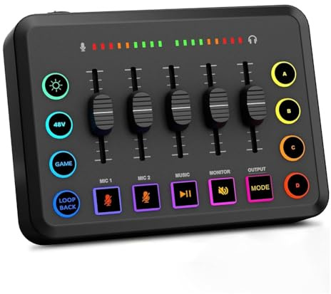 KEALBAUS Mixer audio, Mixer PC RGB Streaming con interfaccia microfono XLR, Fader di Volume, Alimentazione Phantom 48 V per Podcast