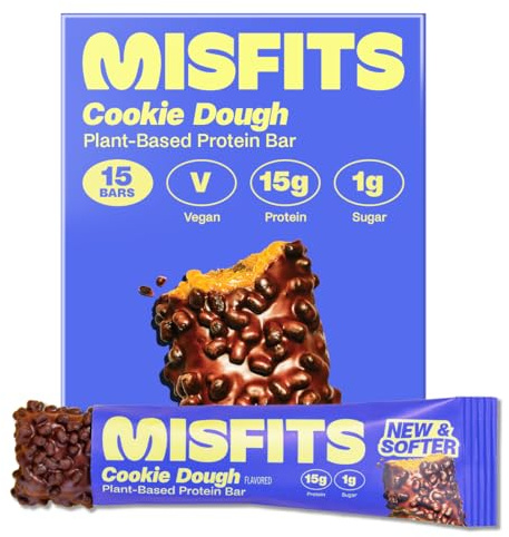 Misfits Vegan Protein Bar - Cookie Dough | Sports Nutrition Bars - 15 grams Protein | 1 gram Sugar | Plant-Based, Low Carb, High Fibre | No Palm Oil | Non-GMO | Pack of 15