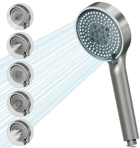 VEHHE Shower Head with 5 Spray Modes, Large Shower Heads with 12cm Panel Diameter, Shower Head High Pressure with Anti-Clogging Silicone Nozzles, Power Shower Heads Handheld for Home Gym Spa(Grey)