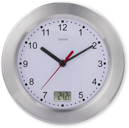 Hama Badezimmeruhr (Baduhr mit Saugnapf, Uhr mit Thermometer, Wanduhr ohne Tickgeräusche, analog, Quarzuhr, analoge Zeitanzeige, digitale Temperaturanzeige, ohne Bohren, feuchtigkeitsgeschützt) silber