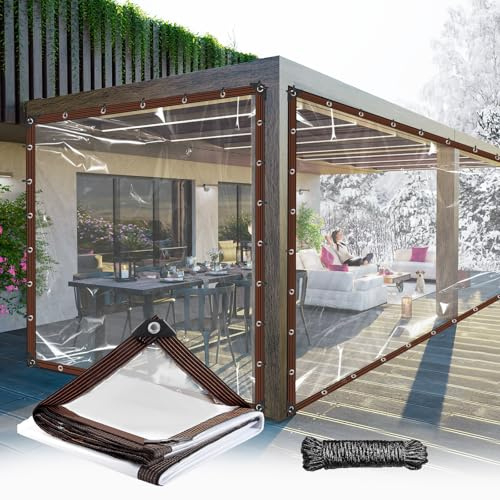 8X20FT Clear Waterproof Tarps(Increase Grommets,Windproof Rope +Ties) Poly Tarpaulin Outdoor Garden Rainproof Covering,Clear Vinyl Tarp for Patio Covering Henhouse Porch Canopy Plant Camping