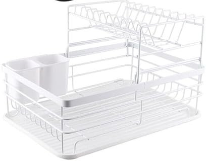 Abtropfgestell mit 2 Etagen, Abtropfschale und Besteckhalter, Tellerregal für Küchenspüle, platzsparendes Design, Weiß
