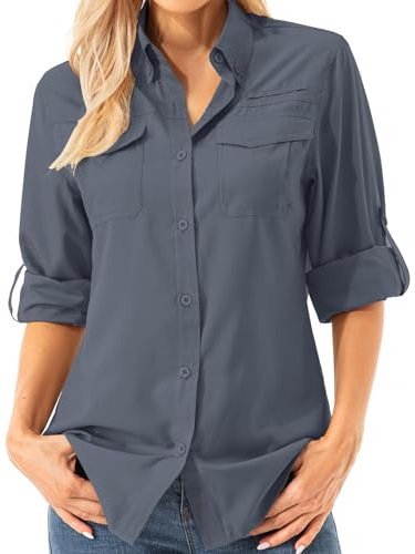 Asfixiado Damen Hemdbluse UV Shirt UPF 50+ Safari Kleidung Wanderbluse Damen Outdoor Cooling Quick Dry Sonnenschutz Langarm Luftiges Hemd