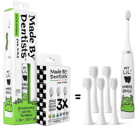 Made by Dentists Kids Electric Toothbrush - Rechargeable Vibrating Toothbrush with Timer, Includes 6 Replacement Heads, Gently Cleans Teeth, Kid & Toddlers Age 2+, Monster