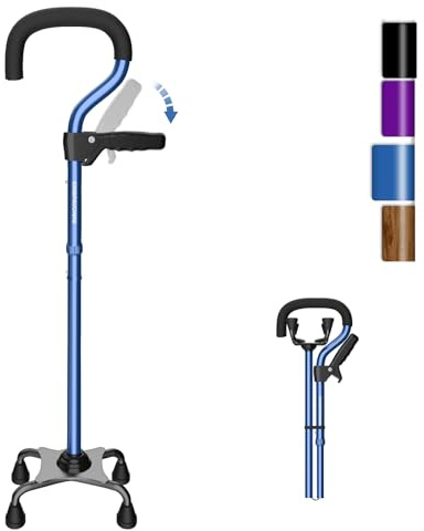 KingPavonini Gehstock für Damen/Herren mit Zweitgriff - Gehstock klappbar & Faltbare Gehhilfe mit 4-Punkt-Basis, Quad-Stock für Stabilität, Stehen, Balance Blau