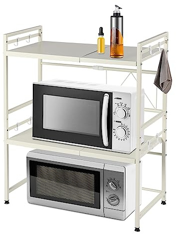 HongKKon Microwave Shelf,Expandable Microwave Oven Rack 3 Tier Microwave Stand Bakers Rack With 8 Hanging Hooks, Kitchen Shelf Placeable Rack for Toasters, Electric Steamers, Ovens