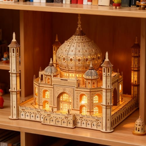 3D Holz Puzzle Modellbausätze für Erwachsene, DIY Taj Mahal Holzmodell mit LED-Licht zur Selbstmontage, mechanisches Konstruktions-Bastelset, Handwerk, Gehirn-Teaser (Der Taj Mahal)