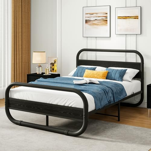 Double Size Bed Frame with Headboard,Oval-Shaped Platform Bed with Under-Bed Storage,Steel Slats Mattress Foundation Round Pipe Design,Black