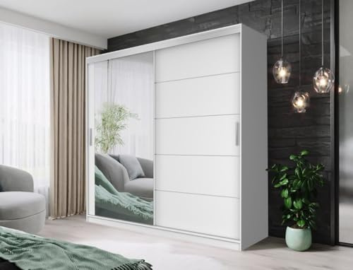 AOF-IBIZA Sliding Mirror Door Wardrobe – Modern Bedroom Closet with Shelves, Hanging Rails & Drawers – Available in 100–120-150-180-203 and 250cm – White, Grey, Oak, or Black (White, 203cm)