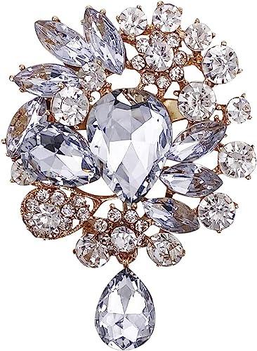 Brosche für Brautstrauß mit großen Kristallen und Strasssteinen für Hochzeiten, für Damen (Goldfarbene Tropfenform)