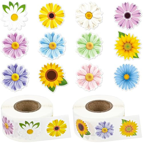 NISENTIA Sticker Blumen, 1000 Stück/2 Rolle Aufkleber Blumen Sticker Prilblumen Aufkleber Blumensticker zum Aufkleben Blumensticker Frühlings Sommer Blumenaufklebers für DIY Handwerk Scrapbooking