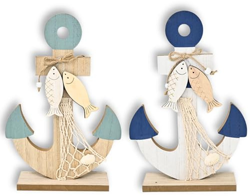 damaloo 2X Maritimes Deko Anker aus Holz 30x20cm – Ankerdeko Set zum Hinstellen – Holzanker mit Fischen & Netz – Badezimmer Deko - Nautische Küstenstil Dekoration – Strandhaus Wohnaccessoires