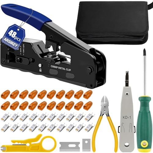 Kit d'outils réseau, pince à sertir RJ45 avec 20 connecteurs RJ45 Cat7/Cat6a Pass Through pince à dénuder LSA, outil de raccordement RJ11/RJ12, testeur de câble pour entretien des câbles réseau
