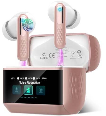ZYHKON Bluetooth Kopfhörer mit Touchscreen, In Ear Kopfhörer Kabellos Bluetooth 5.4 mit ANC/ENC Mic mit Geräuschunterdrückung, 48H HiFi Stereo Ohrhörer mit 5 EQ-Modi, IP7 Wasserdicht, USB-C, Rosa