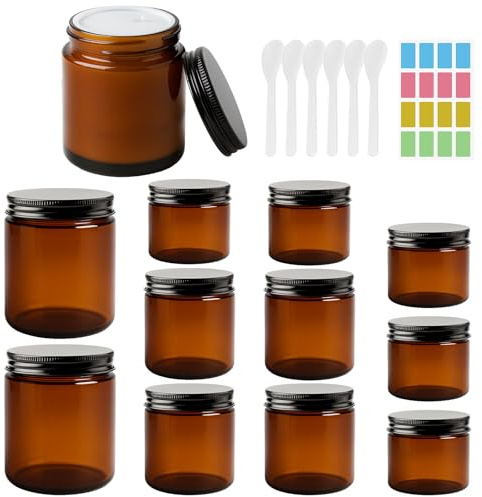 Mispudin Boîtes Vides en Verre Ambré 60/120/250 ml, 12 Pièces Pot Creme Vide Verre avec Couvercles, Spatule, Autocollant, Pot Cosmetique Vide pour Cosmétiques, Crèmes, Lotions