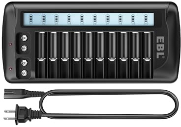 EBL 12-Bay LCD Battery Charger for AA, AAA and 9V Rechargeable Batteries, Multi-Battery Charging Station with 10 Standard AA AAA Slots and 2 9V Slots