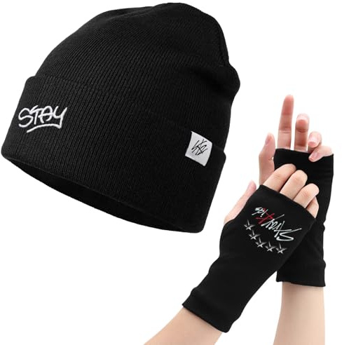 Clvsyh KPOP Stray Beanie Mütze, 1 Paar Stray Fingerlose Handschuhe, Kpop Knit Hat & Handschuh Set, Y2K Winter Strickmütze Set, Winter Hat für Stays Fans, Geschenk für K-Pop Fans (Schwarz)