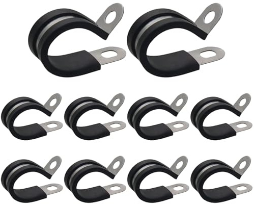 DCYQAIN 18mm Stainless Steel P Clips, 10 Pcs Black Rubber Lined Pipe Clamps, Heavy Duty Metal Hose Clamps for Conduit Cable Plumbing Automotive Marine