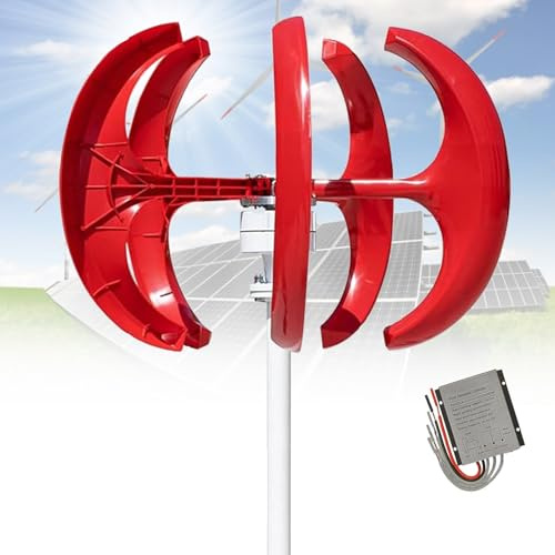 Kit generatore Eolico Verticale a 5 Pale ad Alta efficienza da 16000 W - 12 V/24 V/48 V con Controller per soluzioni di Alimentazione per casa, Campeggio, Barca e Fuori Rete (Rosso, 48 V)