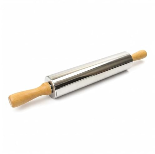 MSQUARE Stainless Steel Rolling Pin, Effortless Dough Rolling, Wooden Handle, Easy to Clean, Hygienic, Rust-Resistant, Odor-Free, Smooth Non-Stick Surface, Perfect for Roti, Chapati, Pizza, (1 Pcs)