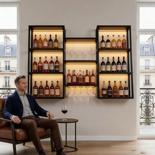 180cmYDEHUEAD Botellero de Pared con Luces LED, | Estante de Vino Montado de Hierro Forjado, Expositor Flotante Multifuncional de 4 Niveles para Barra y Casa