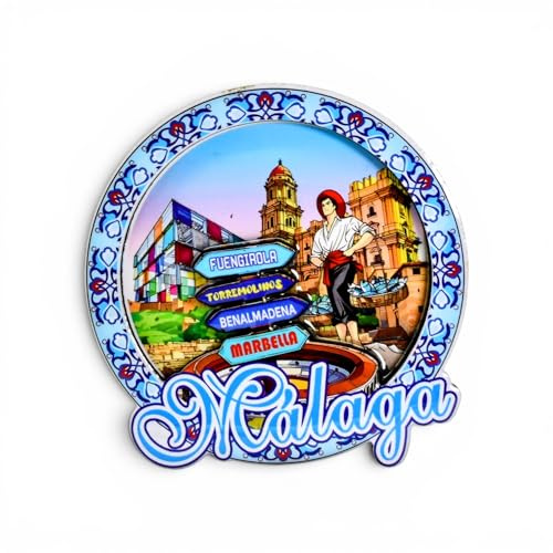 Imán de Nevera Málaga | Recuerdo Decorativo de la Costa del Sol | Souvenir de Andalucía con Catedral y Cenachero | Regalo Original de España | Diseño 3D