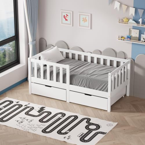 AVC Designs Junior Wooden Bed With Side Rails & Storage Toddler Solid Pine Wood Modern Children Kids Junior Cot Bed Frame White 140 x 70cm Mattress size