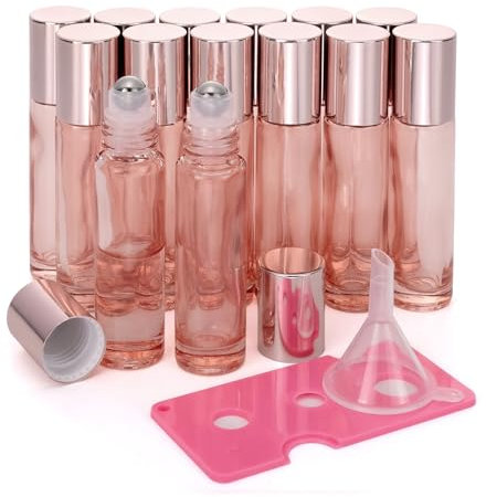 Bright Rose Gold Essential Oil Roller Bottles Set with Stainless Steel Balls, 14 Pack 10ml Leakproof Glass Bottle with 14 Rollerballs for Perfume Aromatherapy Oils 1 Funnels + 1 Opener