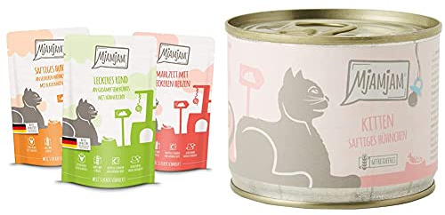 MjAMjAM - Premium Nassfutter für Katzen - Mixpaket 1 - Huhn, Rind, Herzen, 12er Pack (12 x 125 g) & Premium Nassfutter für Katzen - Kitten saftiges Hühnchen mit Lachsöl, 6er Pack (6 x 200 g)